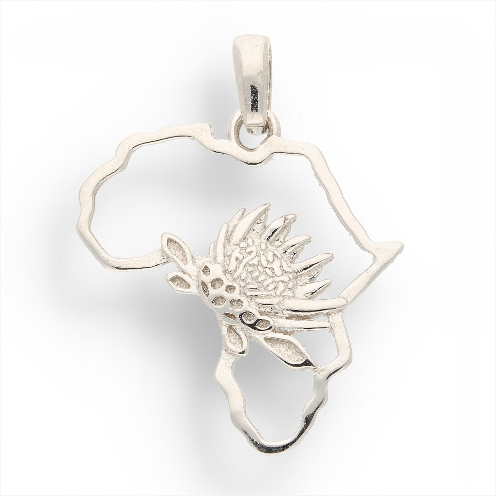 Get your Map of Africa Protea Silver Necklace online now or in store at Forever Gems in Franschhoek, South Africa