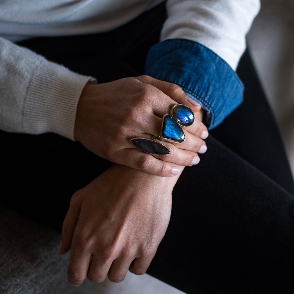 Get your Labradorite Dreams: Handcrafted Sterling Silver Ring Set on Tri-Band Texture online now or in store at Forever Gems in Franschhoek, South Africa