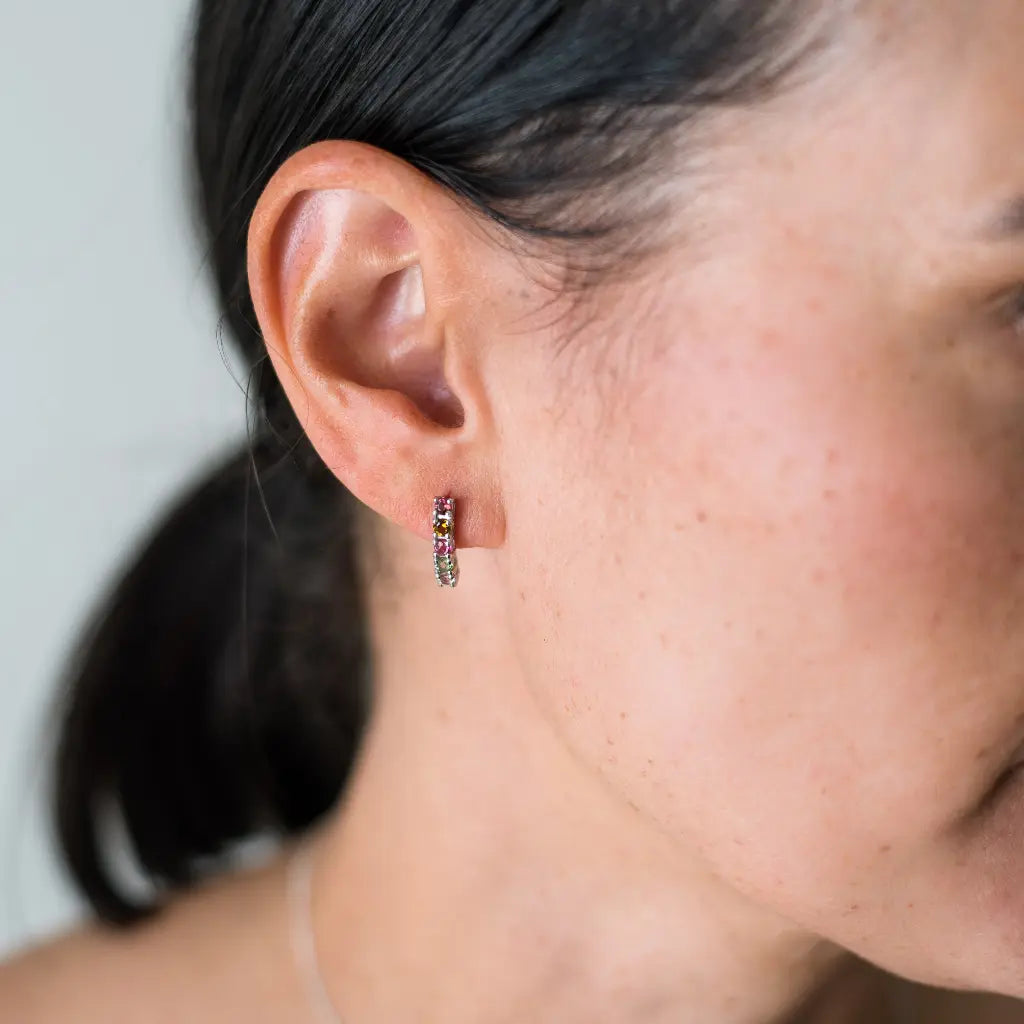 Natural Multi-Colour Tourmaline Bar Stud Earrings in Sterling Silver