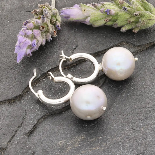 Silver Storm Natural Grey Round Pearl Hoop Earrings