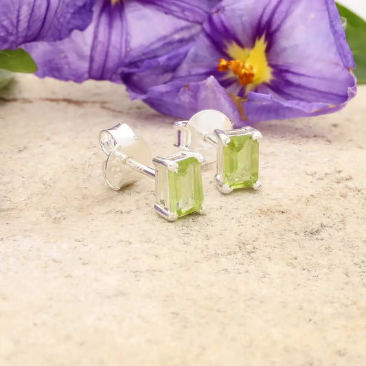 August Glow Natural Peridot Radiant Cut Stud Earrings