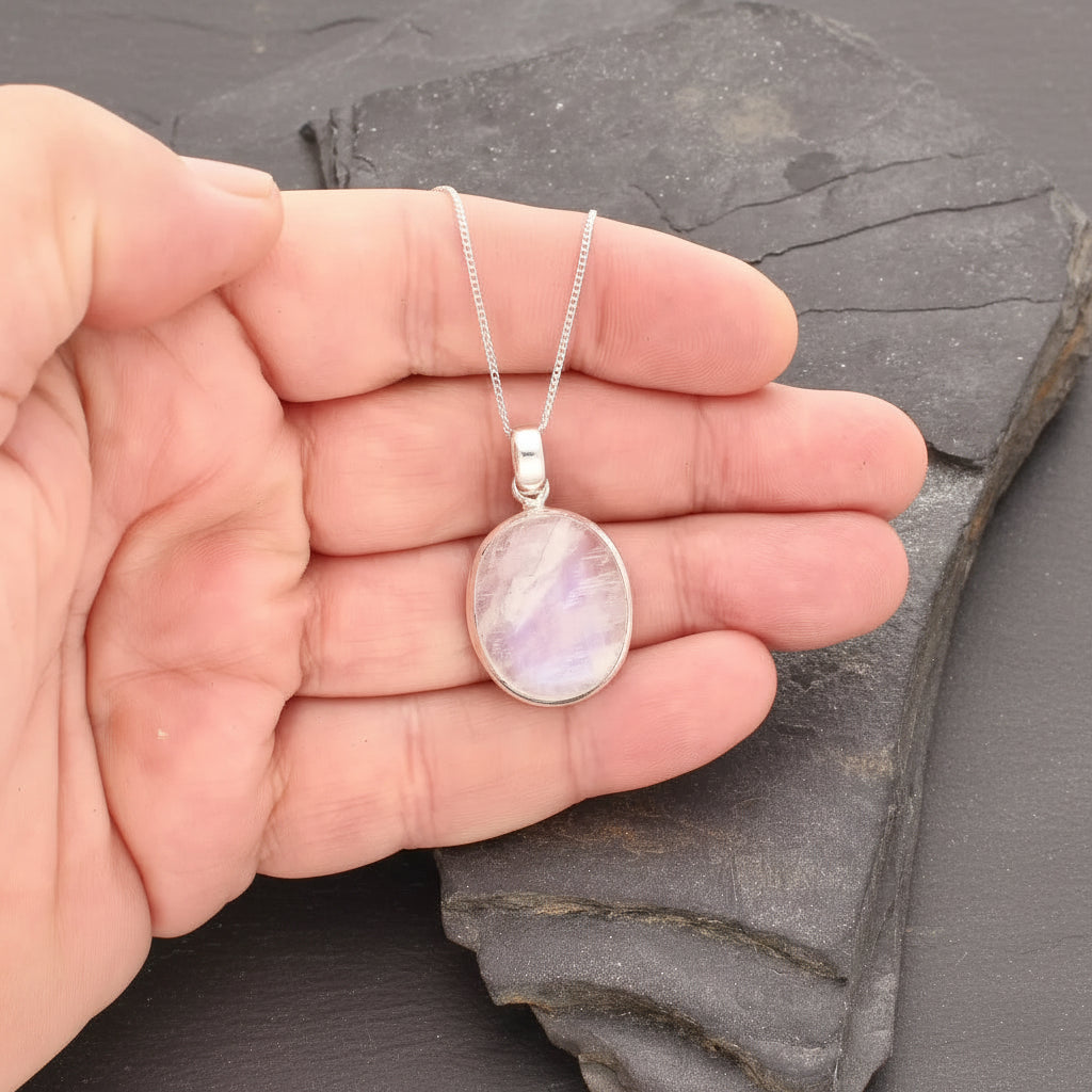 Get your Celestial Glow: Oval Rainbow Moonstone Sterling Silver Necklace online now or in store at Forever Gems in Franschhoek, South Africa