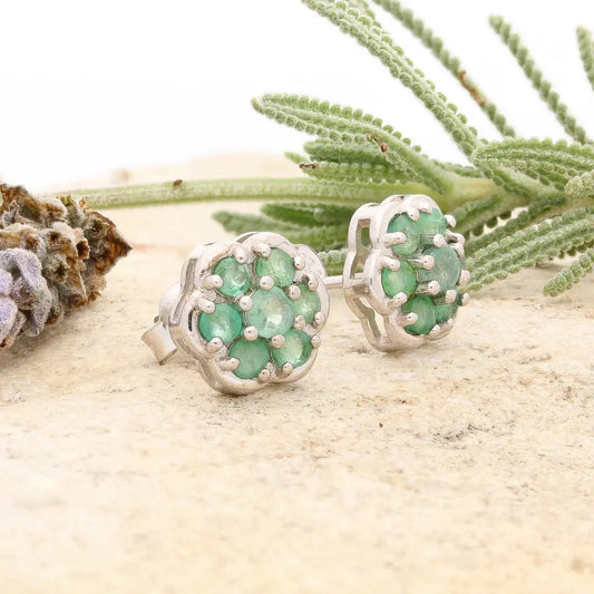 Natural Emerald Flower Cluster Stud Earrings in 925 Sterling Silver