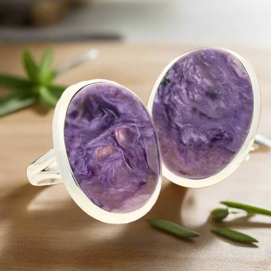 Get your Charoite Charm: Elegant Sterling Silver Rings online now or in store at Forever Gems in Franschhoek, South Africa
