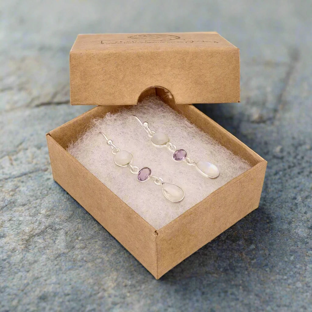 Get your Lunar Trio: Moonstone & Amethyst Silver Earrings online now or in store at Forever Gems in Franschhoek, South Africa