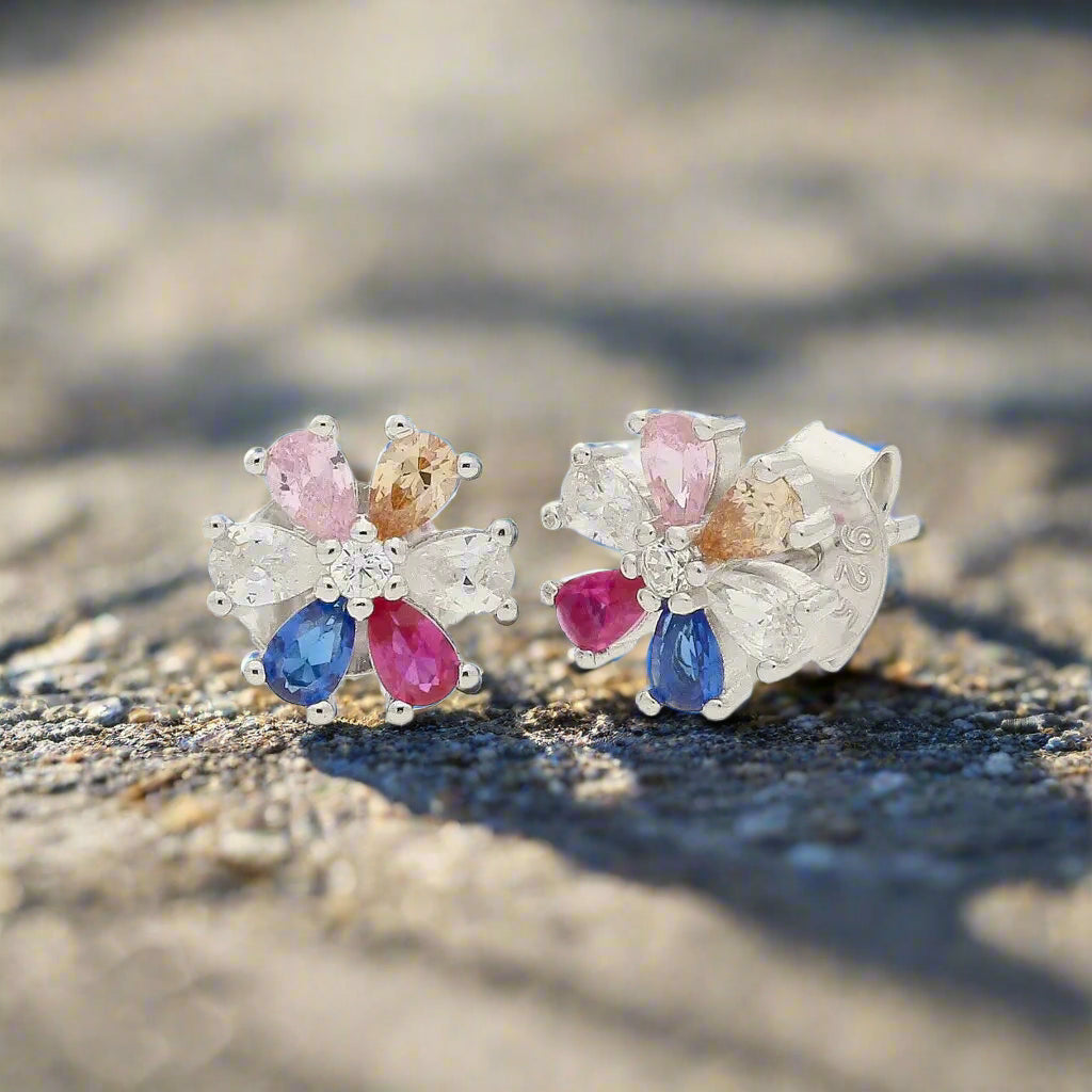 Get your Blooming Brilliance: Your Multi-Color CZ Flower Stud Earrings! online now or in store at Forever Gems in Franschhoek, South Africa