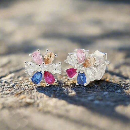 Get your Blooming Brilliance: Your Multi-Color CZ Flower Stud Earrings! online now or in store at Forever Gems in Franschhoek, South Africa