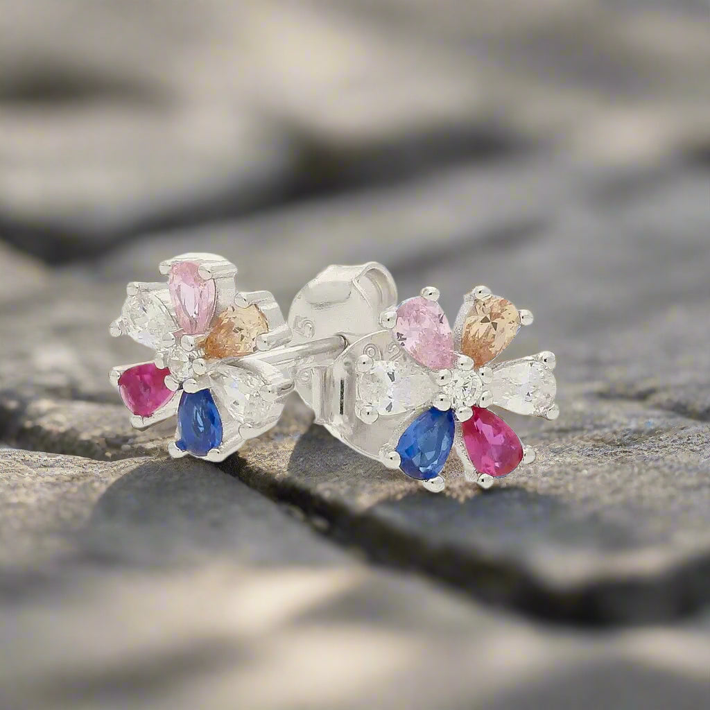 Get your Blooming Brilliance: Your Multi-Color CZ Flower Stud Earrings! online now or in store at Forever Gems in Franschhoek, South Africa