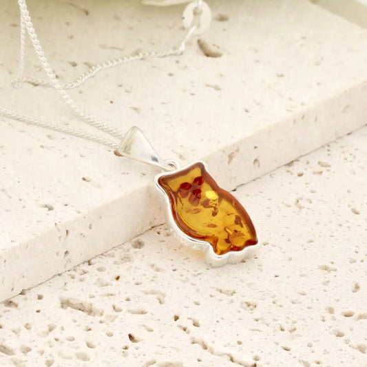 Natural Amber Owl Necklace with 925 Sterling Silver Chain