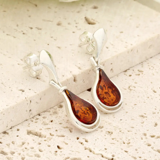 Natural Amber Drop Earrings in Sterling Silver