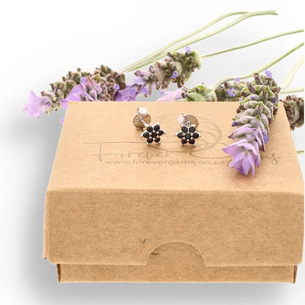 Get your Petite Sterling Silver Black CZ Flower Stud Earrings online now or in store at Forever Gems in Franschhoek, South Africa