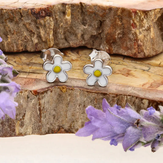 Get your Sterling Silver White Enamel Daisy Flower Stud Earrings 7mm online now or in store at Forever Gems in Franschhoek, South Africa