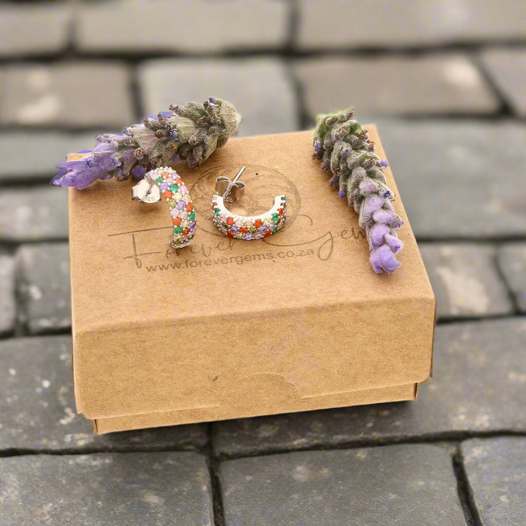 Get your Rainbow Sparkle Sterling Silver Multi-Colour CZ Hoop Earrings online now or in store at Forever Gems in Franschhoek, South Africa