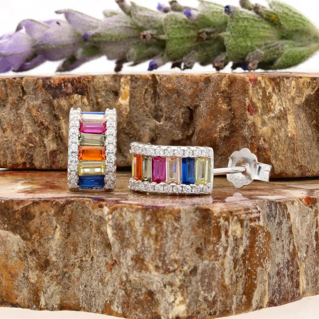 Get your Rainbow Baguette Sterling Silver Multi-Colour CZ Hoop Earrings online now or in store at Forever Gems in Franschhoek, South Africa