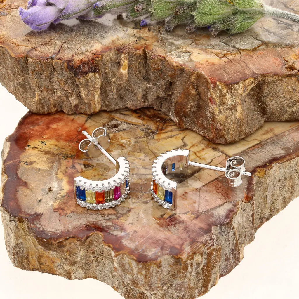 Get your Rainbow Baguette Sterling Silver Multi-Colour CZ Hoop Earrings online now or in store at Forever Gems in Franschhoek, South Africa