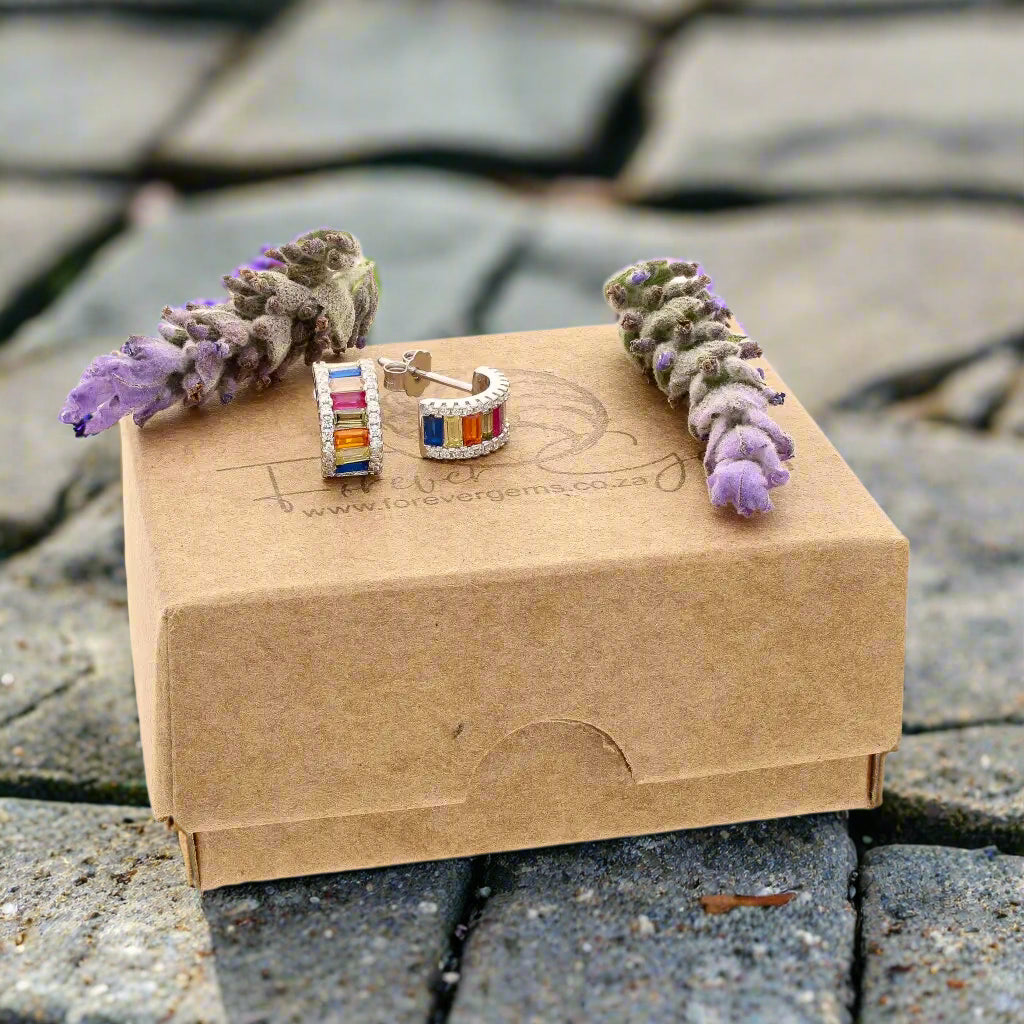 Get your Rainbow Baguette Sterling Silver Multi-Colour CZ Hoop Earrings online now or in store at Forever Gems in Franschhoek, South Africa