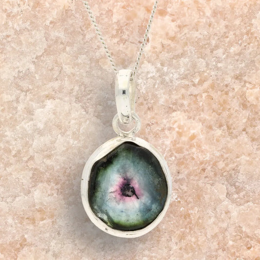 Get your Natural Watermelon Tourmaline Slice Necklace in Sterling Silver online now or in store at Forever Gems in Franschhoek, South Africa