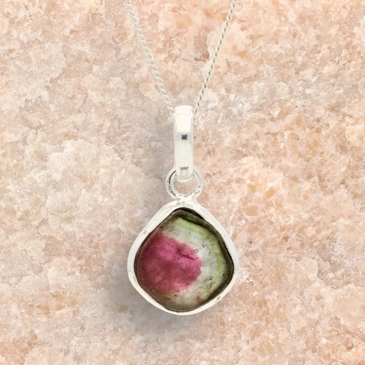 Get your Pink Watermelon Tourmaline Slice Pendant Necklace in Silver online now or in store at Forever Gems in Franschhoek, South Africa