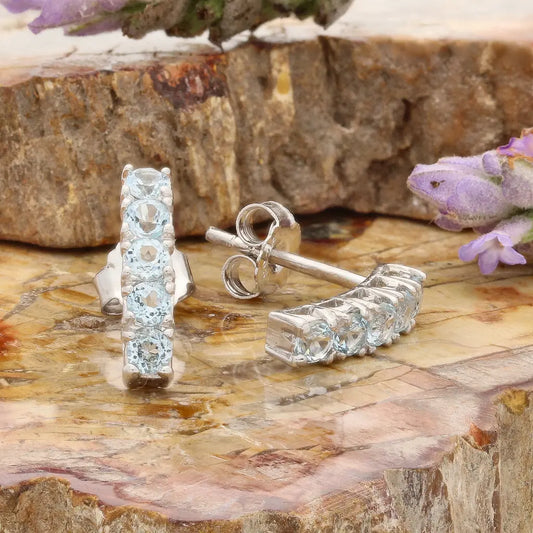 Natural Blue Topaz Bar Stud Earrings - 925 Sterling Silver