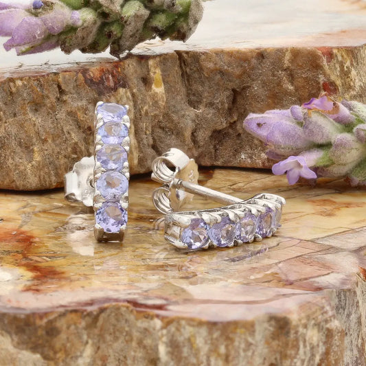 Natural Tanzanite Bar Stud Earrings - 925 Sterling Silver