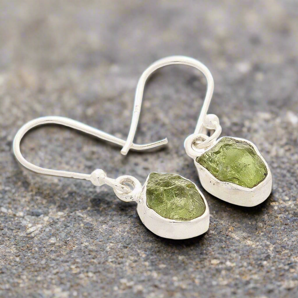 Buy your Radiant Peridot Treasures: Sterling Silver Rough Peridot Earrings online now or in store at Forever Gems in Franschhoek, South Africa