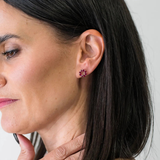 Get your Sterling Silver Ruby Halo Circle Stud Earrings online now or in store at Forever Gems in Franschhoek, South Africa