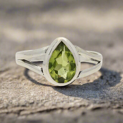 Get your Contemporary Sterling Silver Peridot Ring - Split Shank Design with Teardrop Gemstone online now or in store at Forever Gems in Franschhoek, South Africa