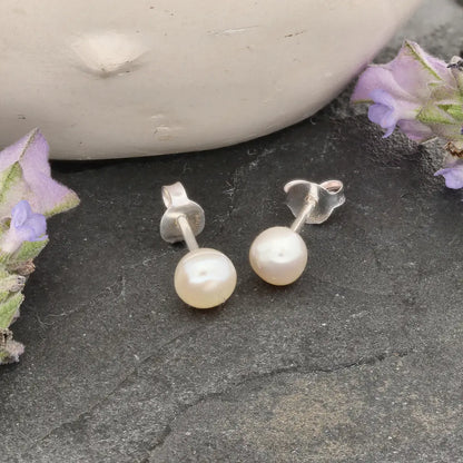 Moonlit Grace Natural White Cultured 5mm Pearl Stud Earrings