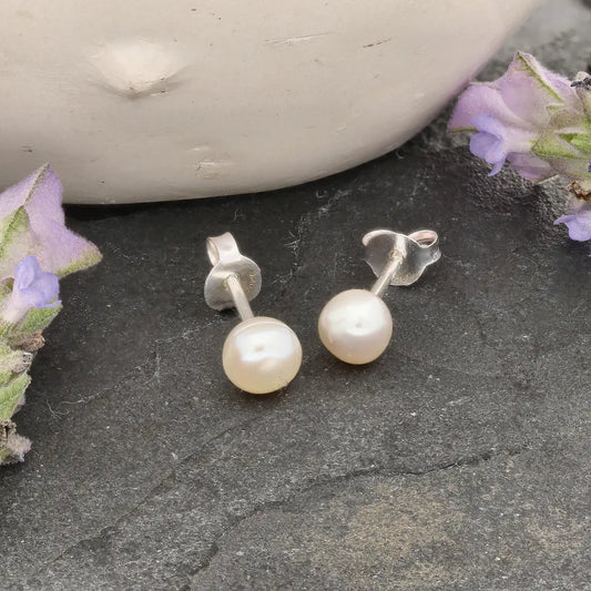 Moonlit Grace Natural White Cultured 5mm Pearl Stud Earrings