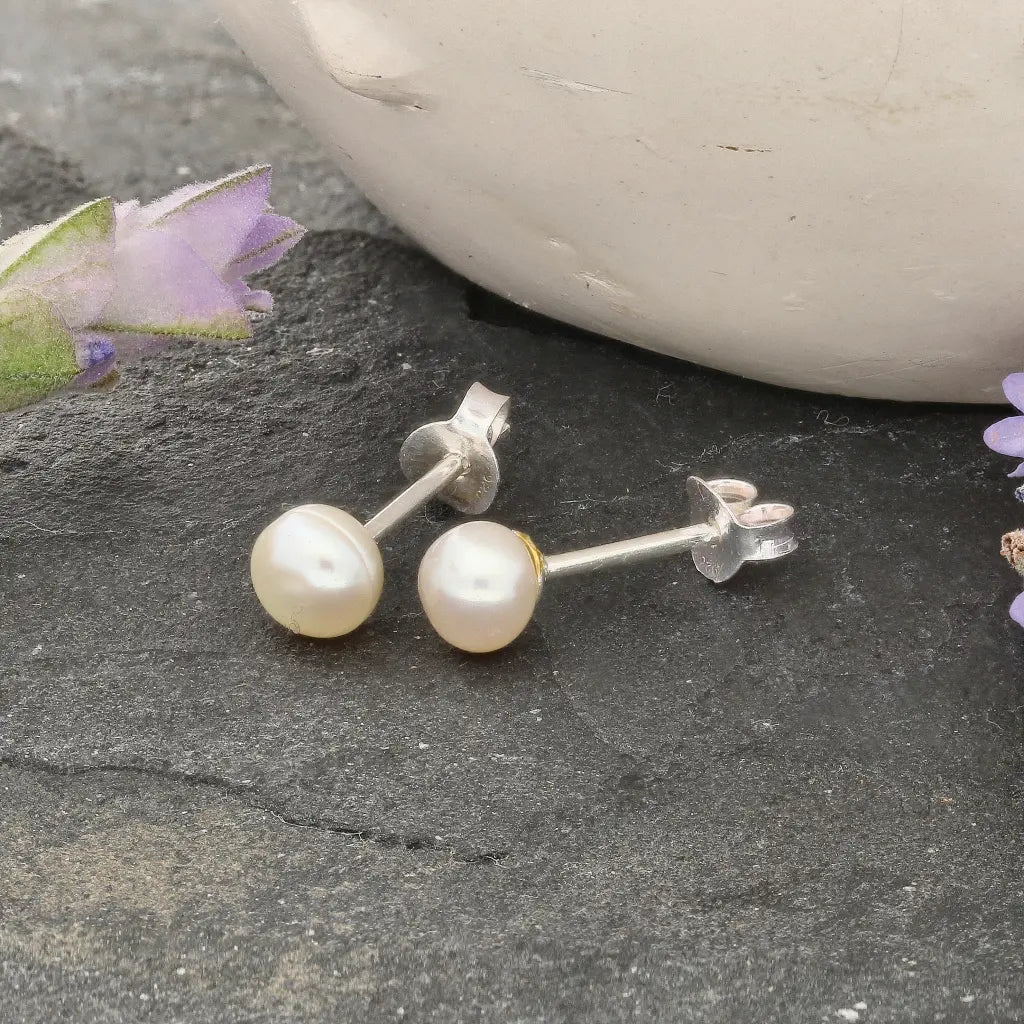 Moonlit Grace Natural White Cultured 5mm Pearl Stud Earrings