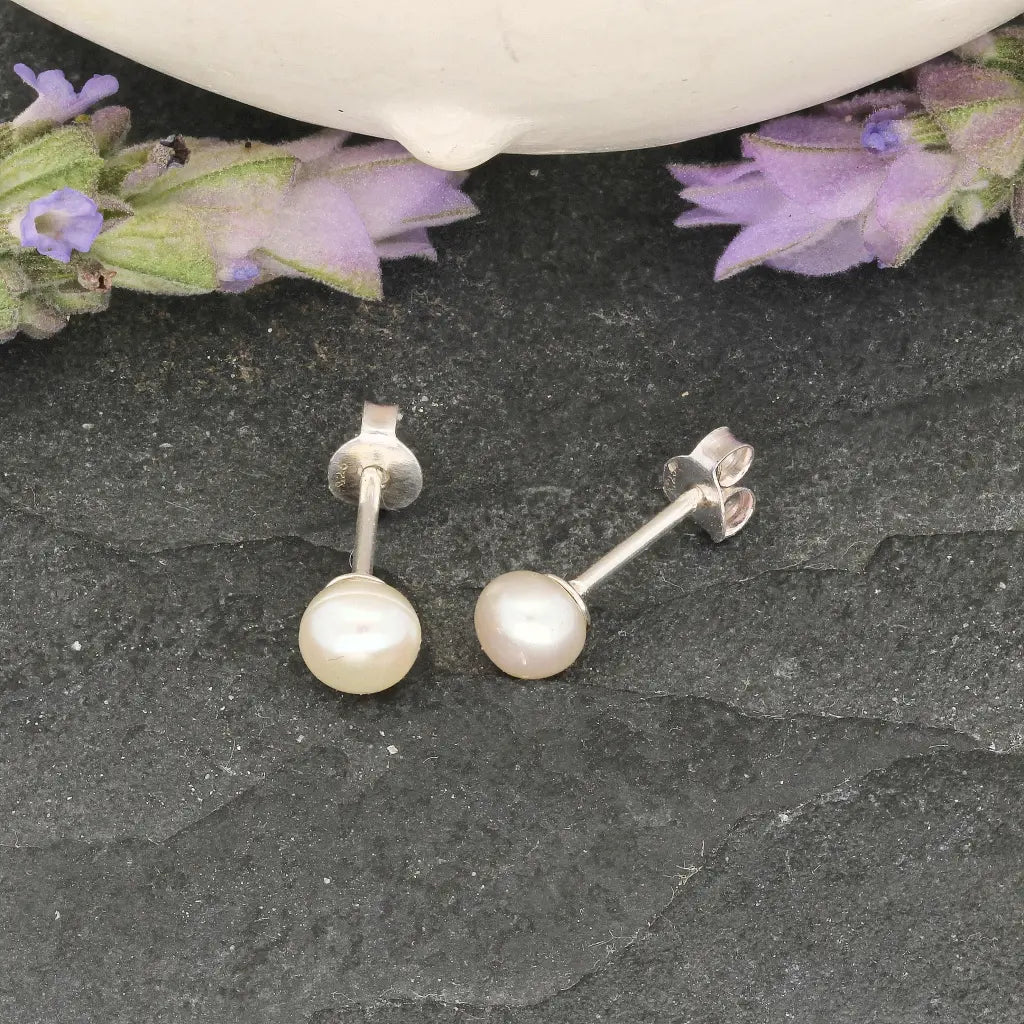 Moonlit Grace Natural White Cultured 5mm Pearl Stud Earrings
