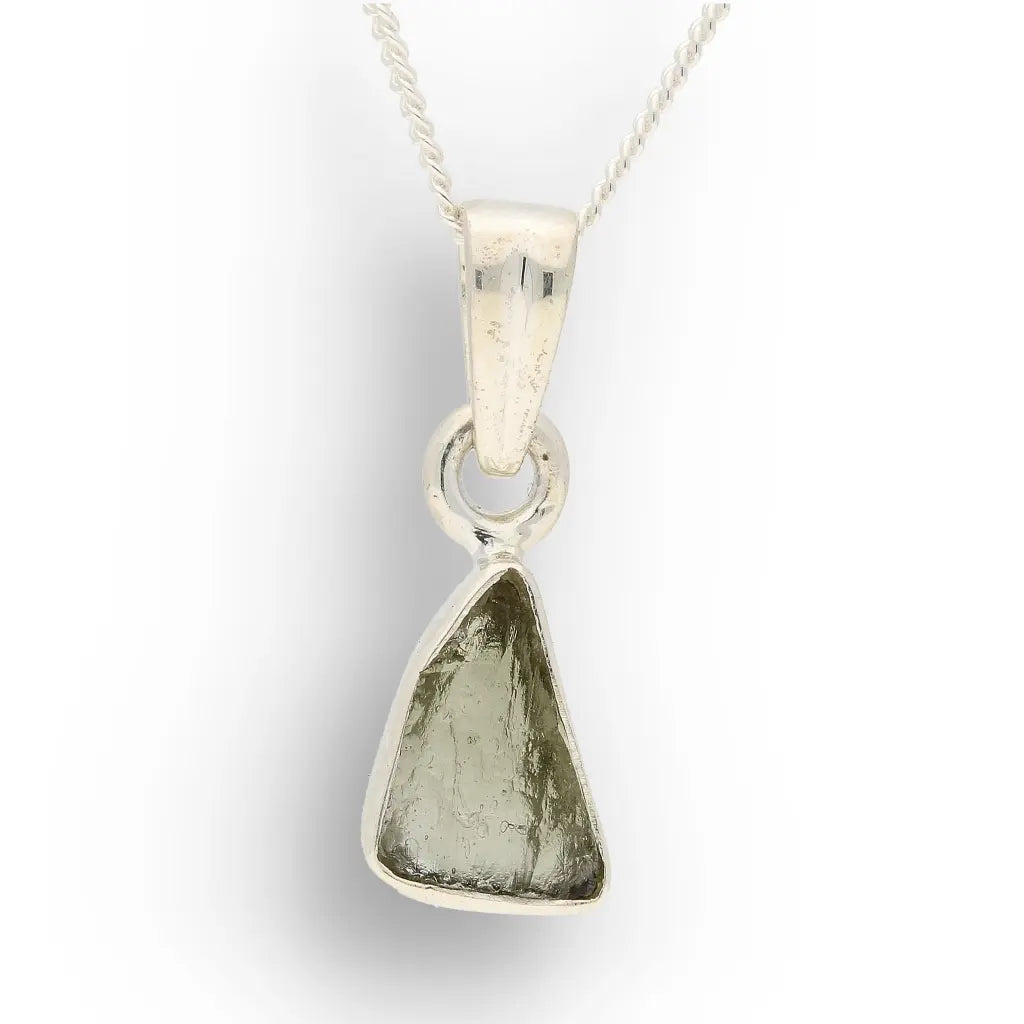 Authentic Moldavite Sterling Silver Trillion Necklace