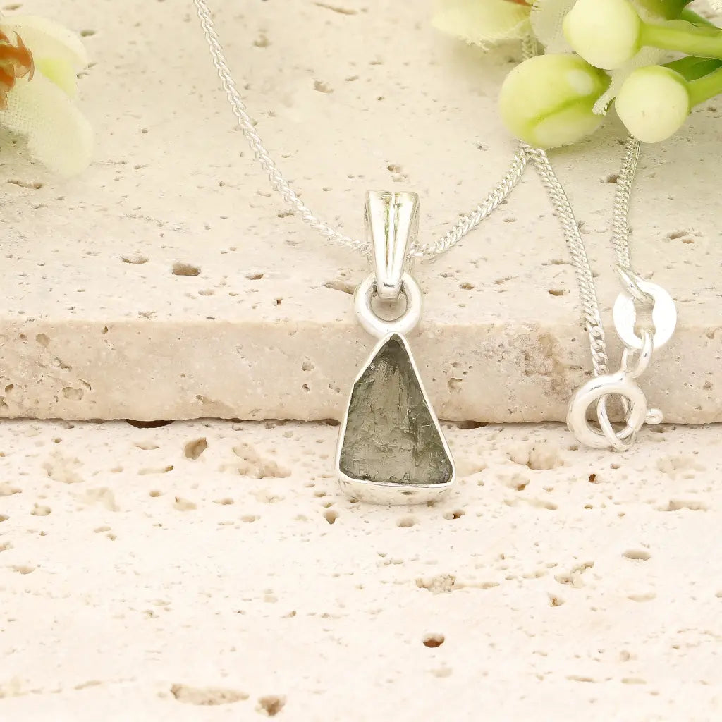 Authentic Moldavite Sterling Silver Trillion Necklace