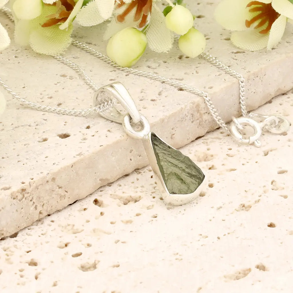 Authentic Moldavite Sterling Silver Tapered Necklace