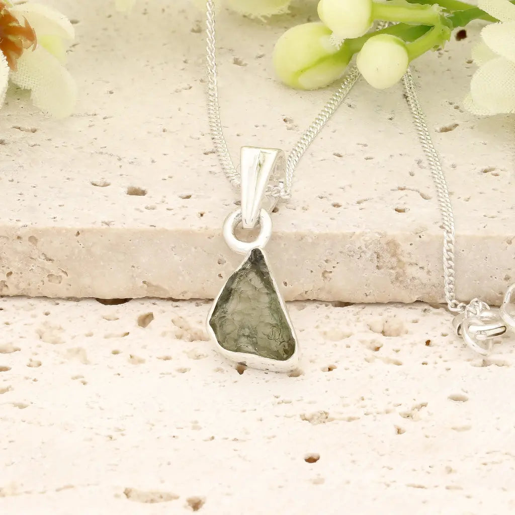 Authentic Moldavite Sterling Silver Freeform Necklace