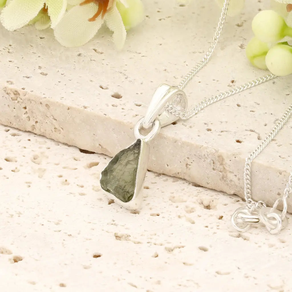 Authentic Moldavite Sterling Silver Freeform Necklace