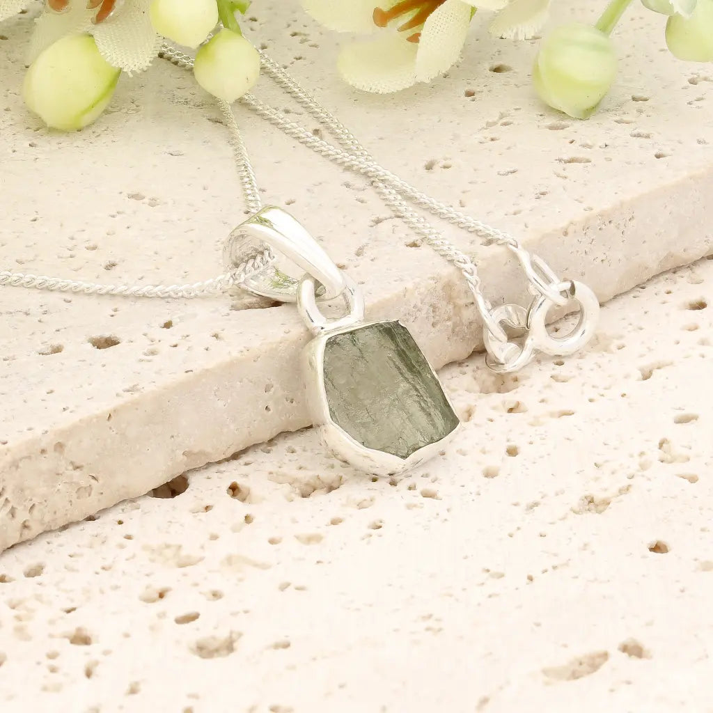 Authentic Moldavite Sterling Silver Geometric Necklace