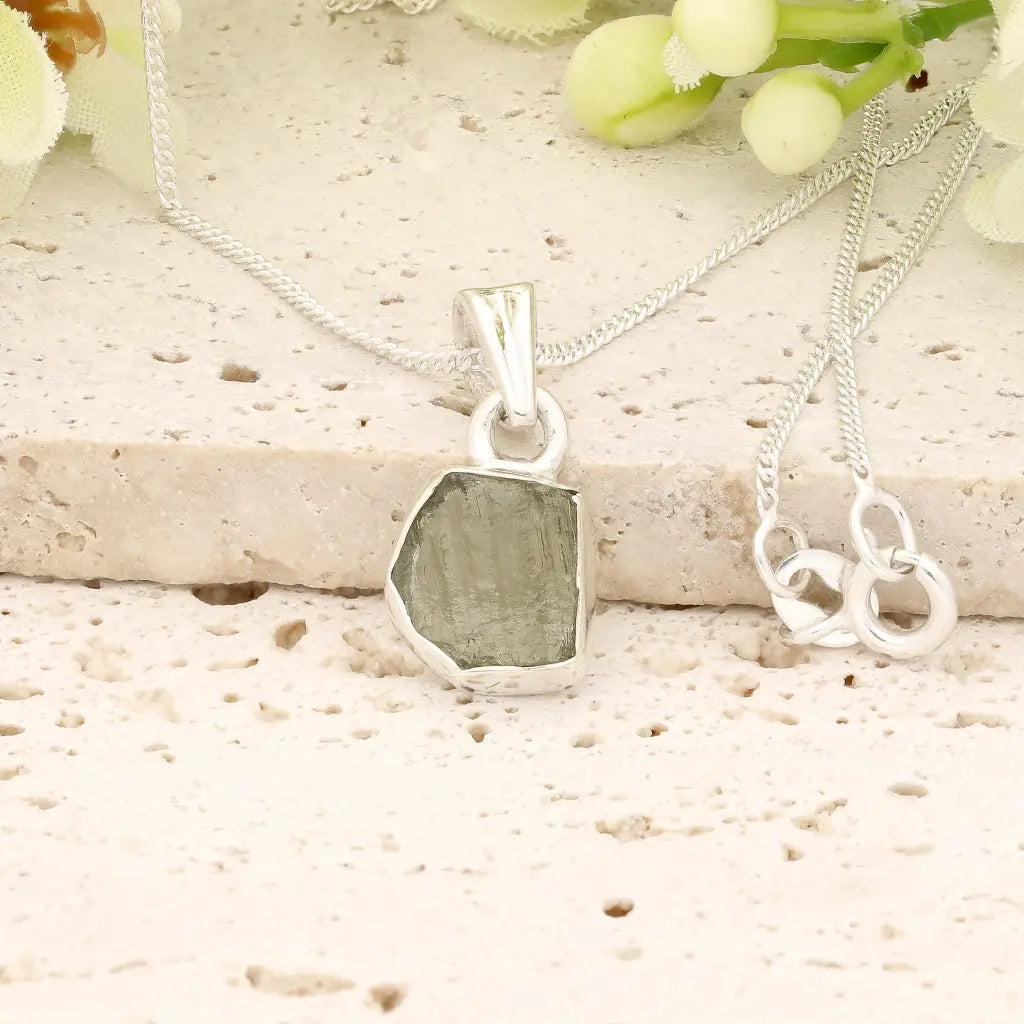 Authentic Moldavite Sterling Silver Geometric Necklace