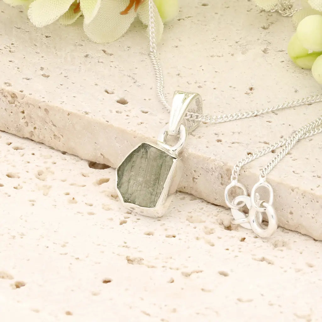 Authentic Moldavite Sterling Silver Geometric Necklace