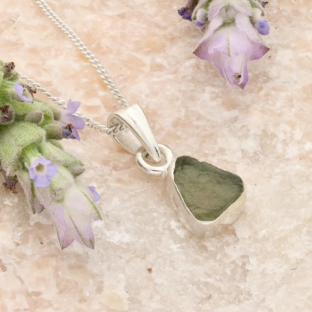 Natural Moldavite Silver Necklace