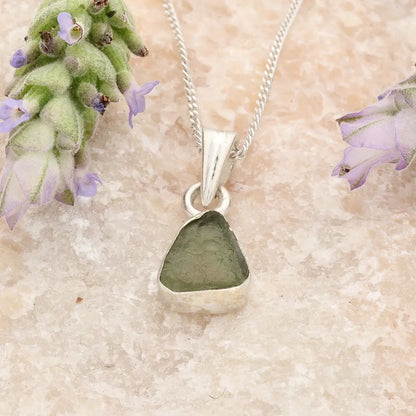 Natural Moldavite Silver Necklace