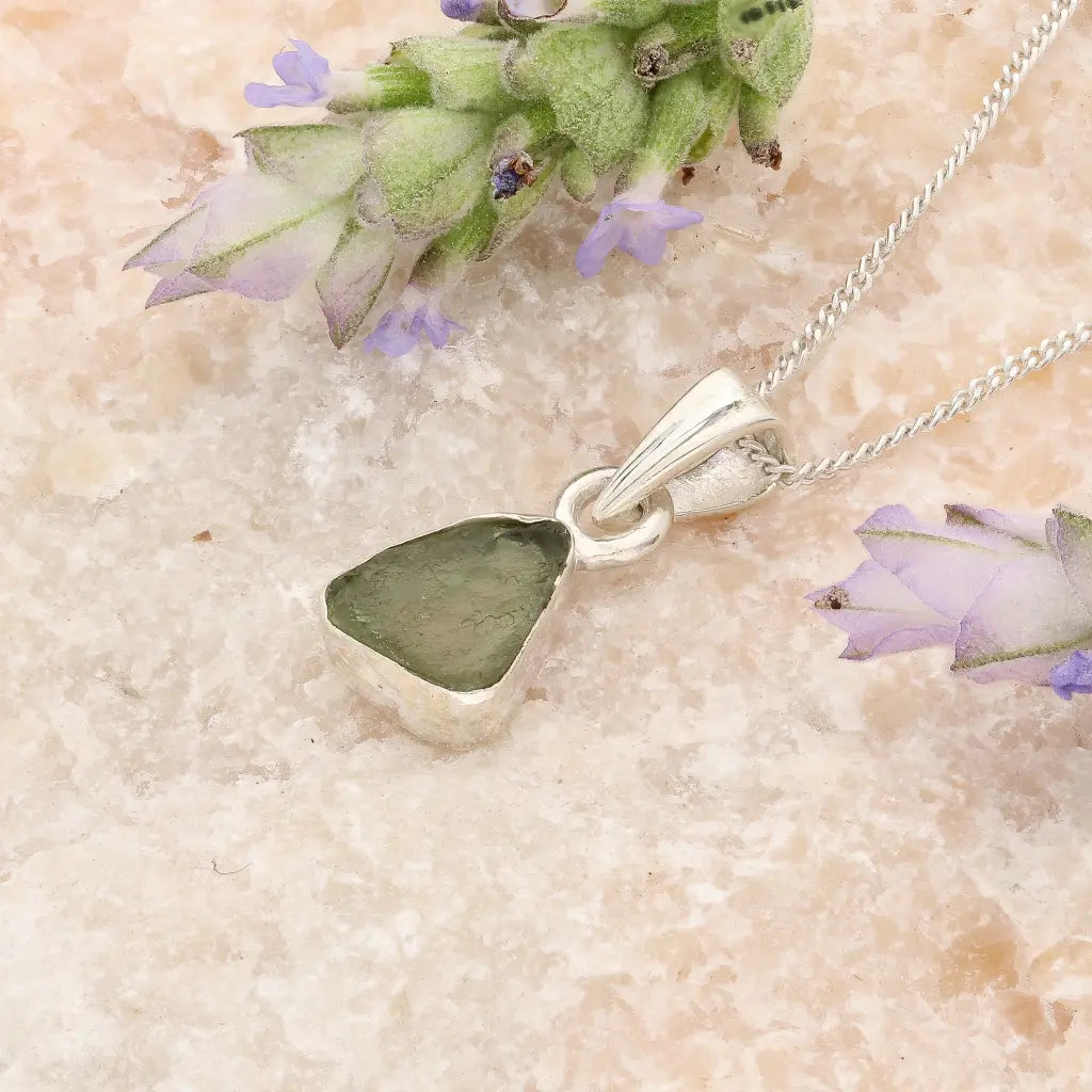 Natural Moldavite Silver Necklace