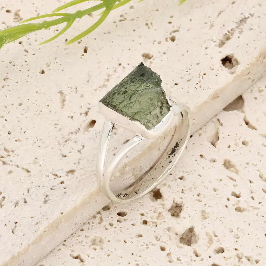 Get your Sterling Silver Natural Freeform Moldavite Ring online now or in store at Forever Gems in Franschhoek, South Africa
