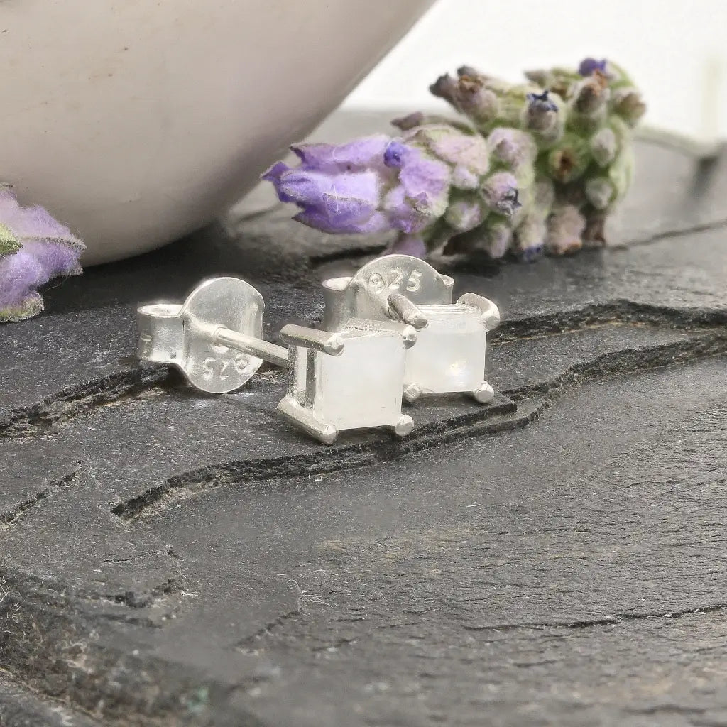 Get your Moonlight Square Rainbow Moonstone 4-Claw Stud Earrings online now or in store at Forever Gems in Franschhoek, South Africa