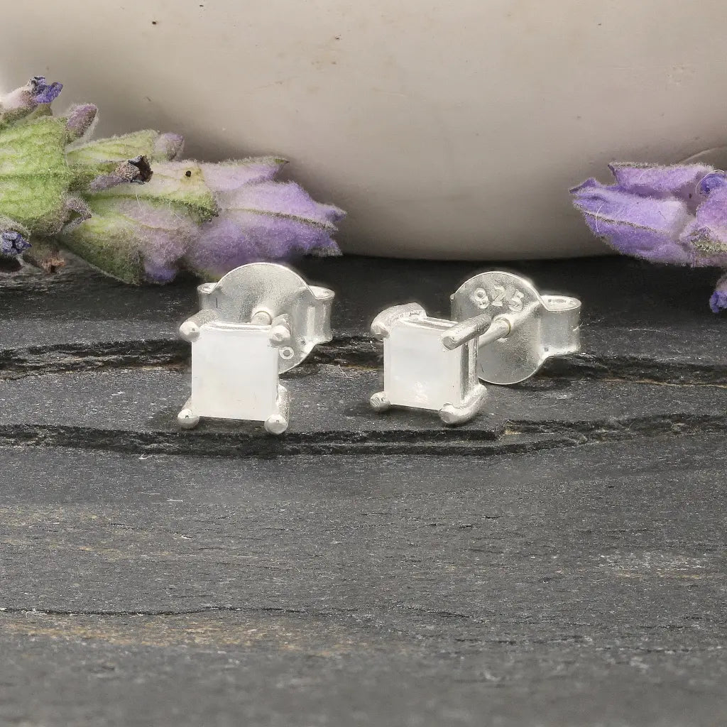 Get your Moonlight Square Rainbow Moonstone 4-Claw Stud Earrings online now or in store at Forever Gems in Franschhoek, South Africa