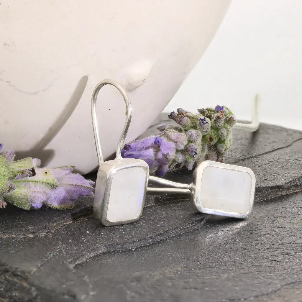 Get your Mystic Rectangle Rainbow Moonstone Drop Earrings online now or in store at Forever Gems in Franschhoek, South Africa