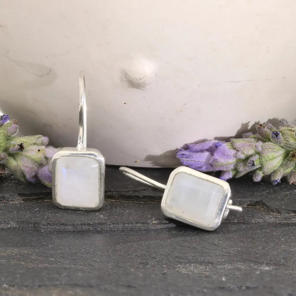 Get your Mystic Rectangle Rainbow Moonstone Drop Earrings online now or in store at Forever Gems in Franschhoek, South Africa