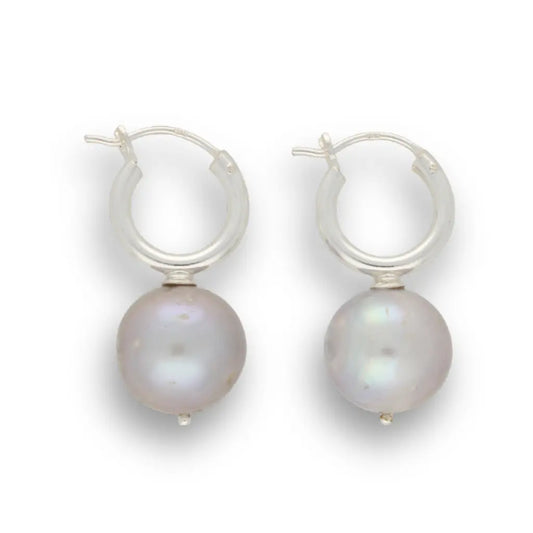 Silver Storm Natural Grey Round Pearl Hoop Earrings