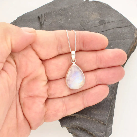 Celestial Glow: Rainbow Moonstone Sterling Silver Necklace
