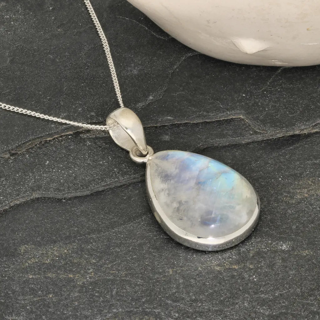 Celestial Glow: Rainbow Moonstone Sterling Silver Necklace